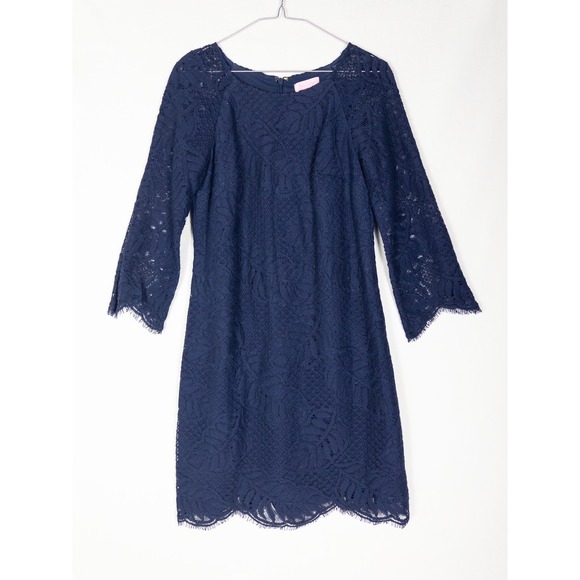 Lilly Pulitzer Dresses & Skirts - Lilly Pulitzer Dress Womens 2 Blue Lace Crochet Lined Knee Fringe Leaf
